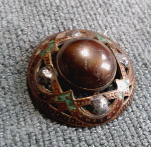 Antique Celluloid Metal Pierced Faceted Button Brown Center Fancy Trim Pattern - Picture 2 of 6