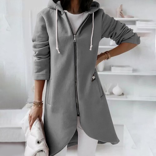 Women's Hooded Plain Zipper Long Tops Ladies Hooded Sweatshirt Jacket Coat Tops - Picture 14 of 32