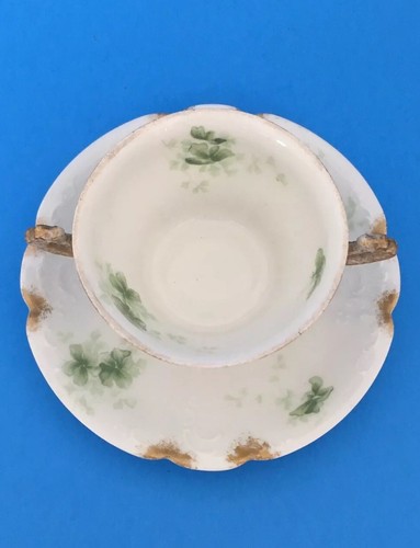 Vtg Antique C Ahrenfeldt LIMOGES Tea Cup FILIGREE Soup Bowl GREEN FLORAL Pansies - Picture 4 of 11