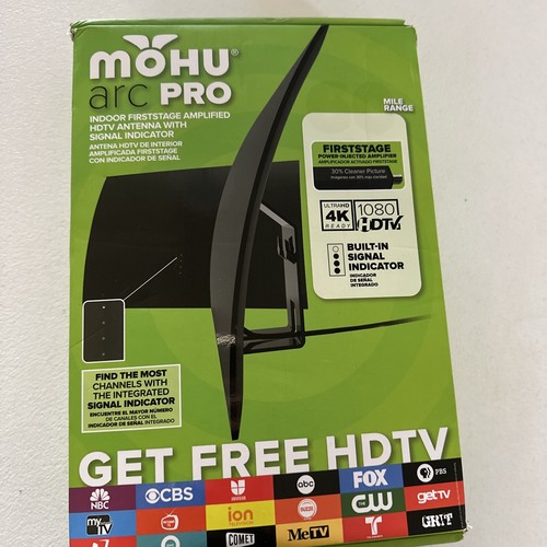 Mohu Arc Pro Indoor Amplified HDTV Antenna 60Mile Range Black. New