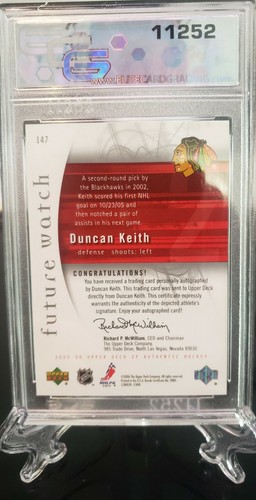 2005-06 Upper Deck SP Authentic Duncan Keith autographed RC ECG 9.5 🏒 - Picture 4 of 4