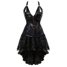 Women Gothic Steampunk Corset Dress Costume PU Leather Floral Lace Skirt Set