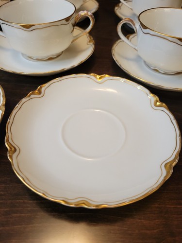 Antike Haviland Limoges Ranson 6 Brühe Tassen & 8 Untertassen weiß mit goldenem Borte - Bild 5 von 16