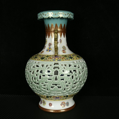 12.6"Qing dynasty yongzheng mark Porcelain colour enamels flower double ear Vase - Picture 7 of 9