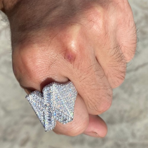 925 Sterling Silver Initial Block Letters Iced Baguette Flooded Out CZ Ring A-Z - Picture 230 of 256