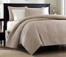 KHAKI TAN MATELASSE 3p Full Queen QUILT SET : BROWN COTTON FILL QUILT COVERLET