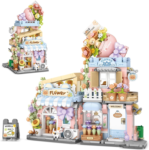 Street View Flower House Shop Mini Building Blocks, MOC Creative Building Toys C