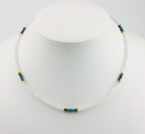 Rainbow Moonstone Chain with Blue Raw Diamond Faceted Necklace 925 Silver - Picture 3 of 5