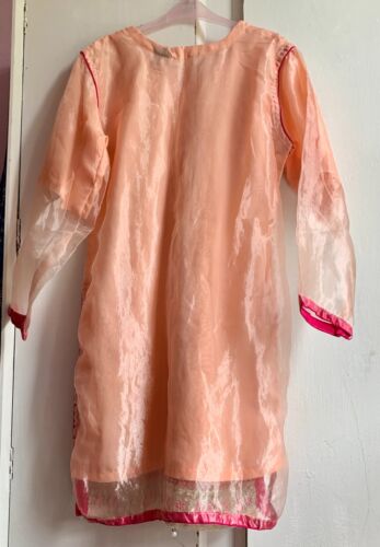 Silk Dress XL Apricot Pink Chiffon Sleeves Sequin Embroidered Floral Kaftan - Picture 7 of 7