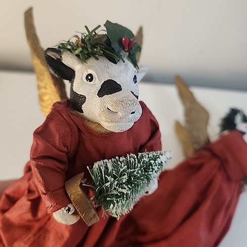 Cow With Red Overalls and Wings Holding Christmas Tree Ornament - Picture 14 of 21