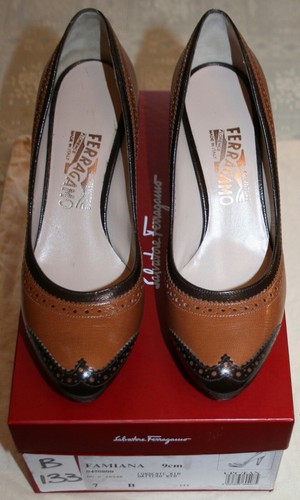 NEW SALVATORE FERRAGAMO Leather Shoes *Famiana HeelsUK4.5/US7/EU37.5 Brown/Black - Picture 3 of 12