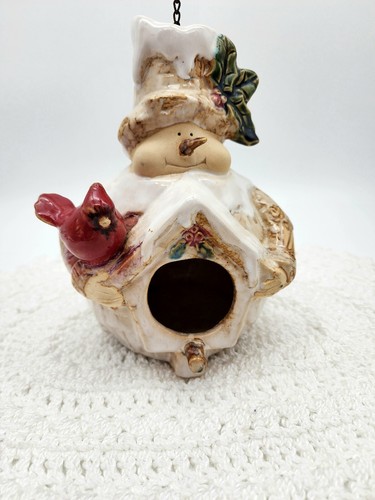 Keramik Weihnachten Schneemann Kardinal hängendes Vogelhaus 8"