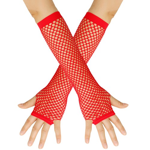Women Long Fishnet Net Gloves Shiny Fingerless Sexy Punk Mittens Arm Sleeve US - Foto 30 di 40