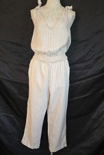 A New Day Jumpsuit Tie Shoulder Tan  White Striped - Size Medium - Linen Blend