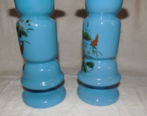 2 Bristol Glass Vases Opaline Hand Painted Blue Ruffle Top 9.5" - Picture 6 of 15