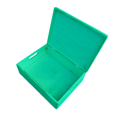 GROSSE HOLZKISTE / SPIELZEUGKISTE 40x30x13,5cm MIT GRIFFEN IN GRÜNER FARBE, ALLES BEMALT
