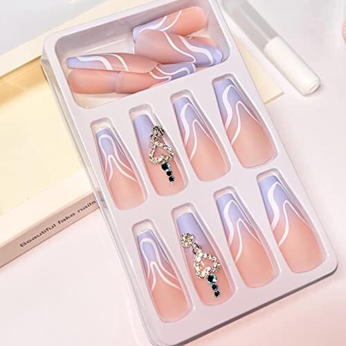 Long Coffin Press on Nails Blue Fake Nails Matte Glue on Nails Fna102blue - Picture 5 of 7