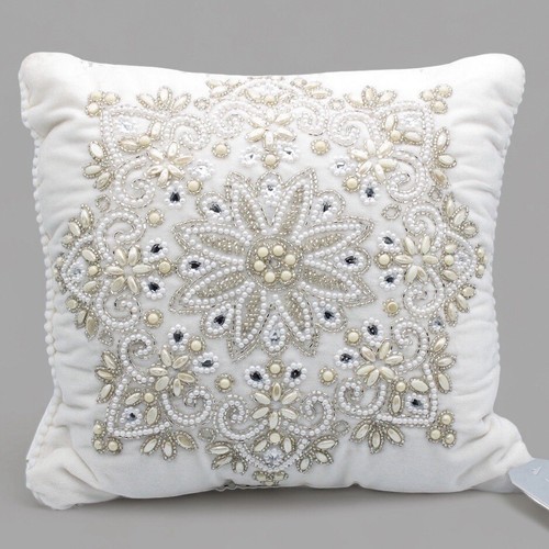 Glitz Glimmer Beaded Embroidered Winter Soft White Throw Pillow NWT 12x12” 2021 - Picture 1 of 16
