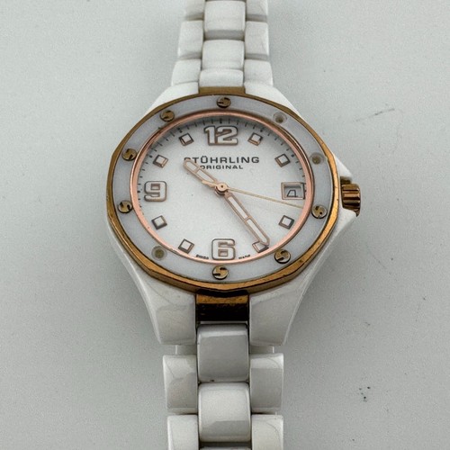 Stuhrling Swiss Quartz Watch Women 100m Sapphire Ceramic Date New Battery 6.5" - Picture 2 of 6