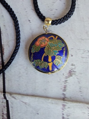 Vintage Chinese Floral Cloisonne Enamel Pendant Necklace Navy Blue - Picture 4 of 7