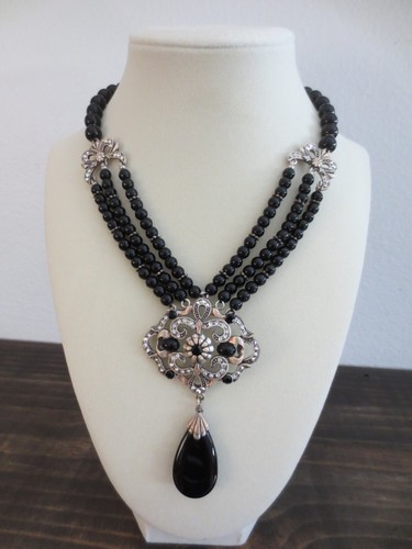 NEW Sweet Romance Black Onyx and Marcasite Great Gasby Inspired Necklace Choker - Bild 1 von 8