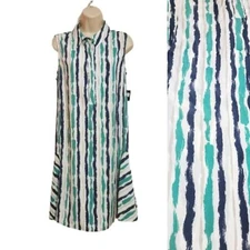 Alfani NEW Painted Stripe Fit & Flare Button Front Midi Shirt Dress Green 6