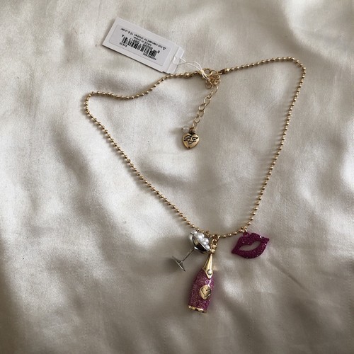 Betsey Johnson Gold Tone Going All Out Charm Necklace Champagne & Lips NWT - Picture 5 of 12