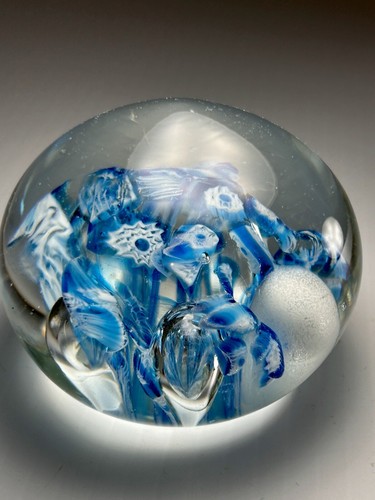 Art Glass Paperweight Blue White Controlled Bubbled Canes Flower Blown - Picture 3 of 8