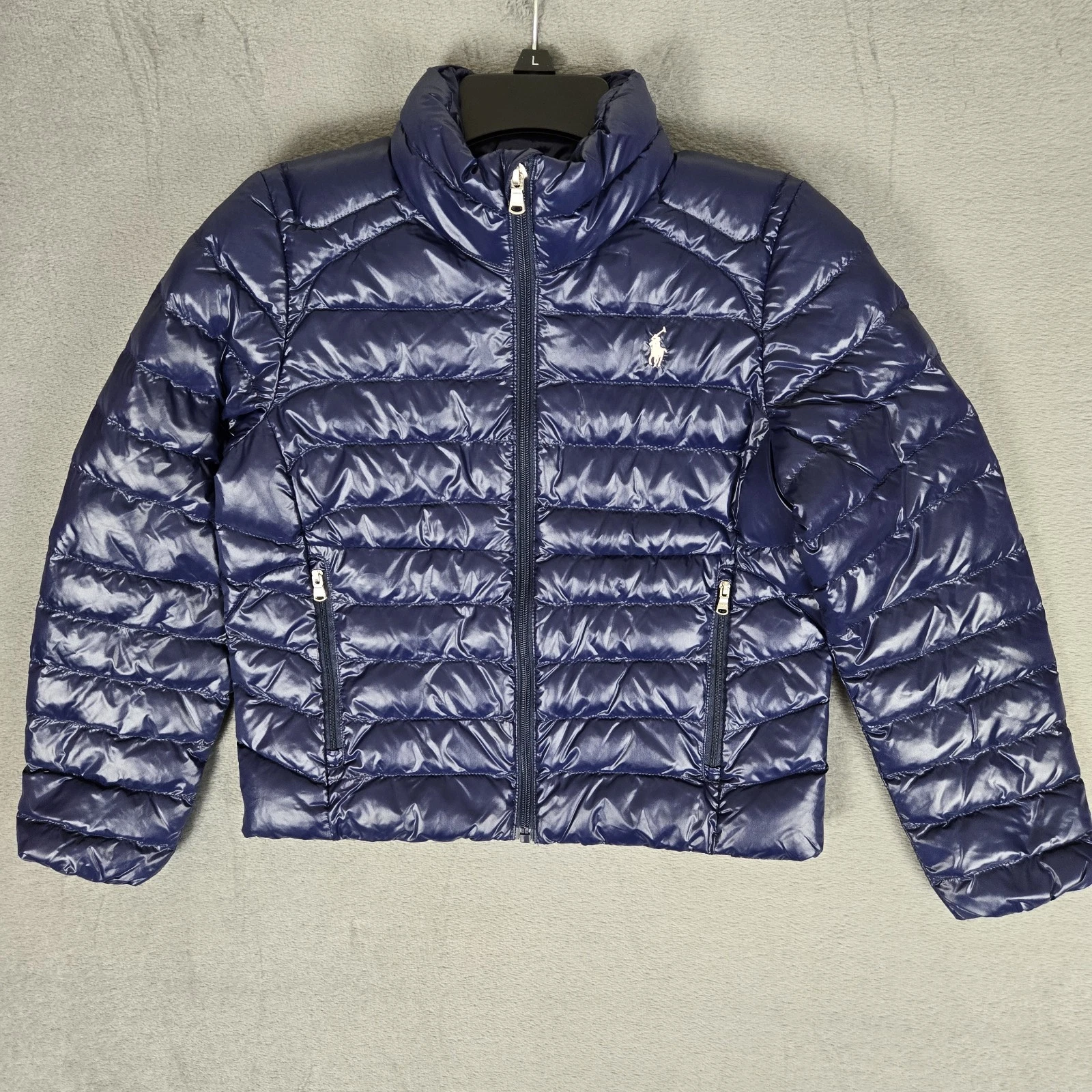 Polo Ralph Lauren Down Puffer Jacket Youth Medium 8-10 Blue Full Zip Coat Shiny