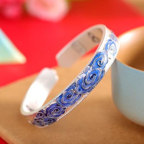 Pure S999 Fine Silver Bracelet Enamel Auspicious Cloud Open Bangle 41g ID:56mm - Picture 3 of 5