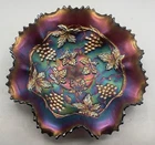 SUPER VINTAGE CARNIVAL SIGNED NORTHWOOD PURPLE GRAPE & CABLE BOWL “BASKETWEAVE”