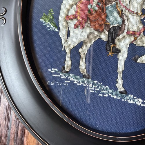 Vtg Christmas Elegant Framed Finished Cross Stitch Santa Sleigh Horse Set Of 2 - Picture 4 of 14