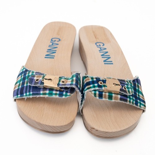 Ganni X Scholl. Wooden Clogs in Check Blue Iris. - Picture 2 of 11
