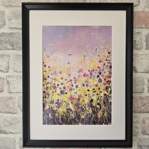 Original Floral Landscape Watercolour Painting Butterflies Contemporary Framed - Picture 8 of 18