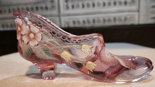 Vintage Fenton Hand Painted Flowers Glass Slipper Pink Shoe Signed