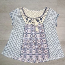 Jolt Tie Neck Boho Peasant Babydoll Style Top Flowy Light Size Large