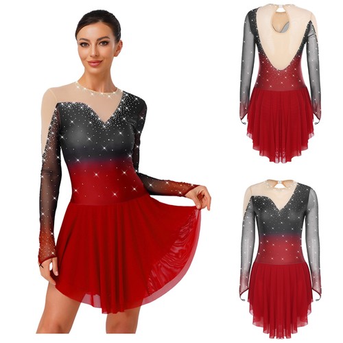 Womens Dancewear Gymnastics Dress Chiffon Dresses Gradient Figure Skating Mesh - Picture 9 of 59