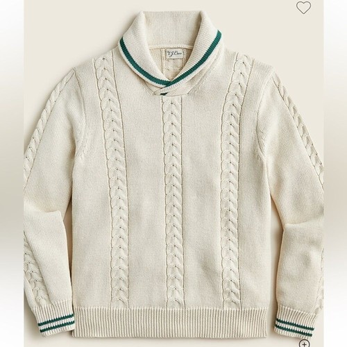 J Crew Baumwolle Pullover mit Zopfmuster und Schalkragen Gr. L elfenbein grün Tennis - Bild 1 von 13