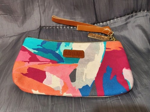 Squeak Leather Trim Multicolor Splash Canvas Med Pouch Clutch - Picture 1 of 3