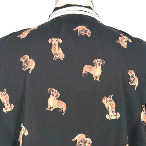 The Moon Dachshund Dog Print Bow Neck Retro Style Blouse Black Size Large - Picture 19 of 22