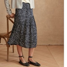 Garnet Hill Size S Crepe Pull On Midi Skirt Scattered Dot Print Black Tiered