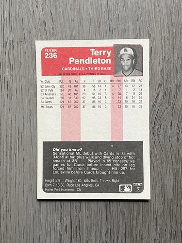 1985 MLB Fleer Baseball | Terry Pendleton RC | #236 | St Louis Cardinals - Picture 2 of 2