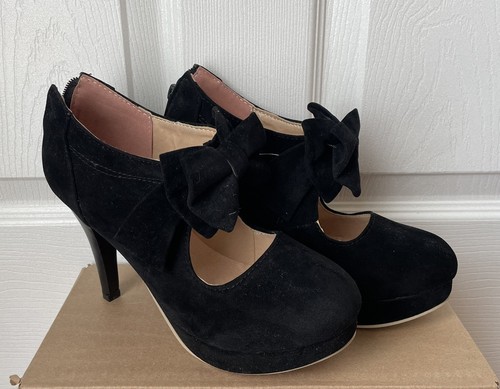 Kawaii Harajuku Stil schwarz Samt High Heels Schleife Schuhe US7 & Overknee Socken - Bild 2 von 11