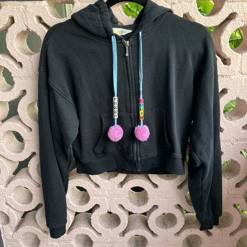 TEDDY FRESH Damen Gr. S schwarz Oversized Crop Sweatshirt Hoodie Bommeln Perlen