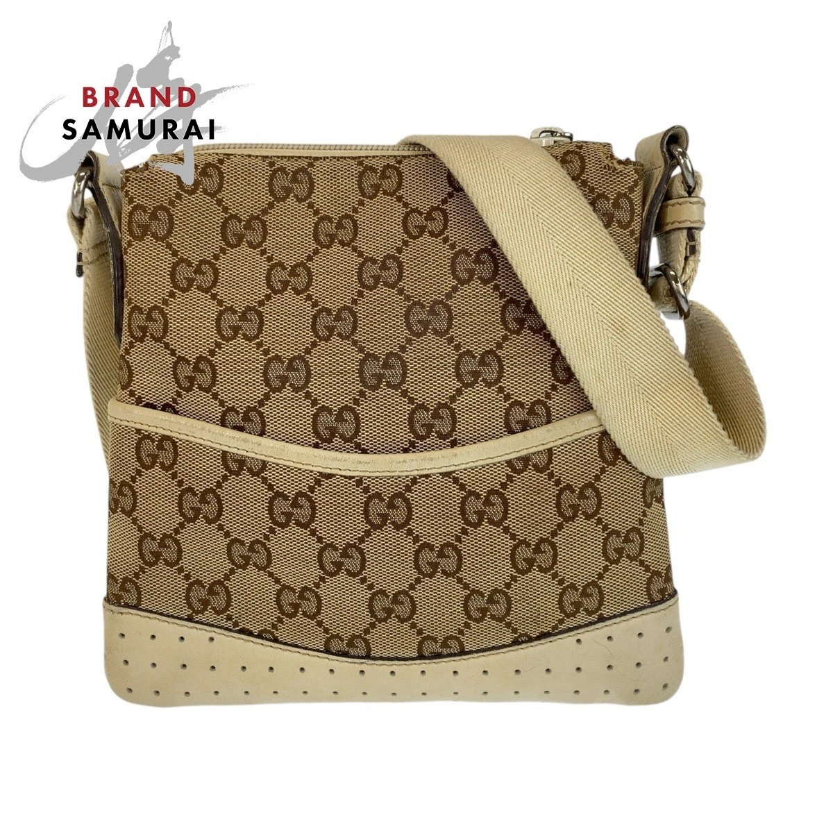 Sac bandoulière GUCCI beige blanc argent quincaillerie GG toile cuir 147671 pochette