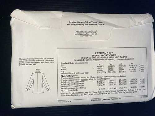 Kwik Sew Vintage Men's Blazer Sport Coat Pattern 1137 Uncut Sealed - Picture 2 of 5