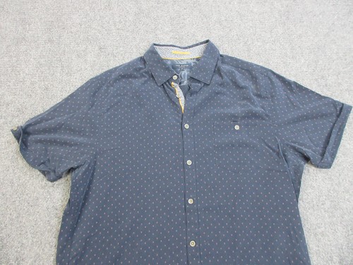 Ted Baker Shirt Mens Large Navy Blue Short Sleeve Button Up Dot Print Pocket - Picture 3 of 17
