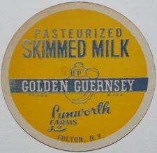 Vintage milk bottle cap LYNWORTH FARMS Skimmed Milk Golden Guernsey Fulton NY