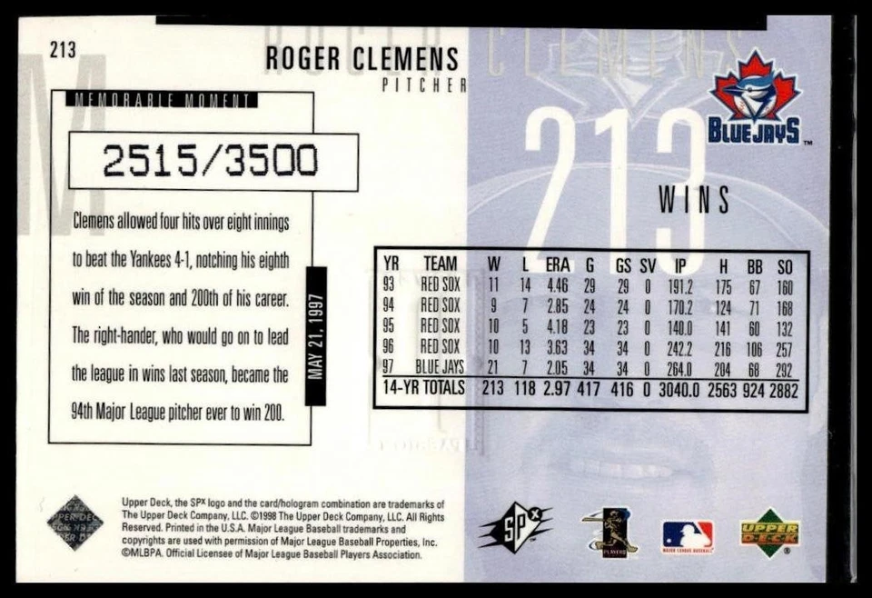 1998 SPx Finite #213 Roger Clemens Radiance #/3500 SN - Image 2 of 2