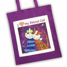 Purple Cotton Tote Cats Charity Shopping Bag Love Rescue Cat Long Handle Folding